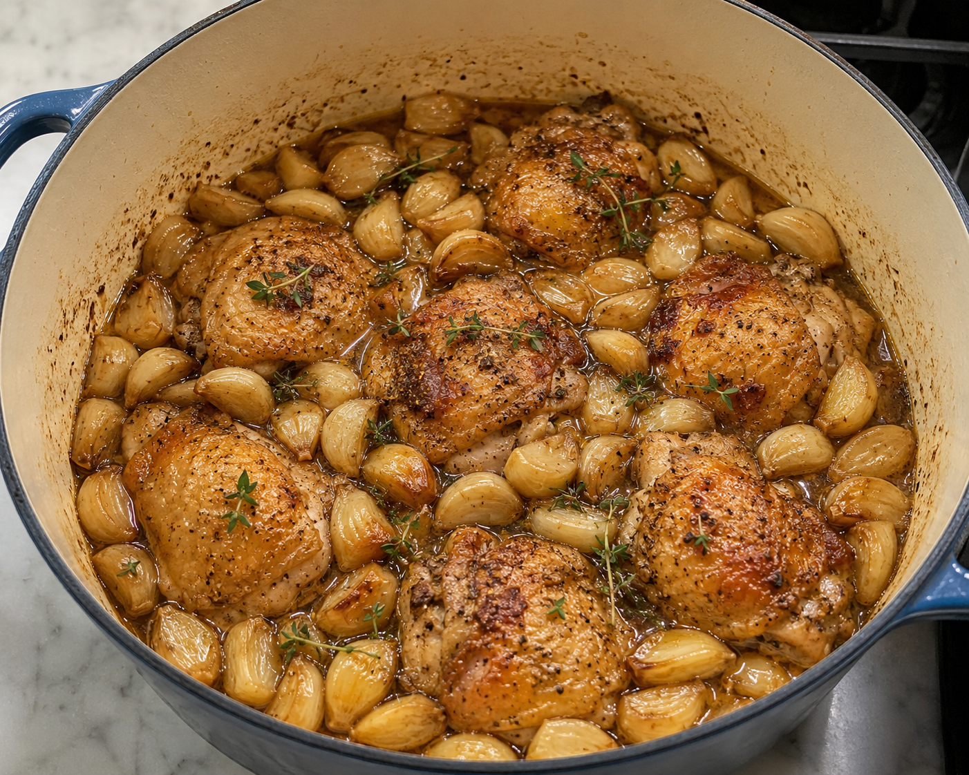 Braised chicken thighs surrounded by dozens of soft, golden garlic cloves