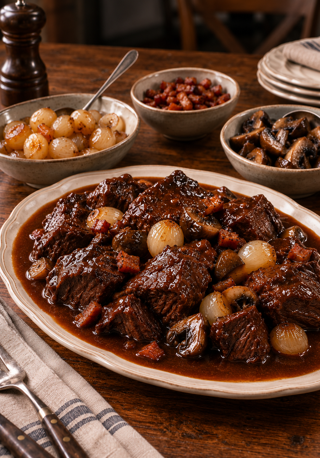 Beef burgundy braised with bacon, mushrooms, and pearl onions in a Dutch oven