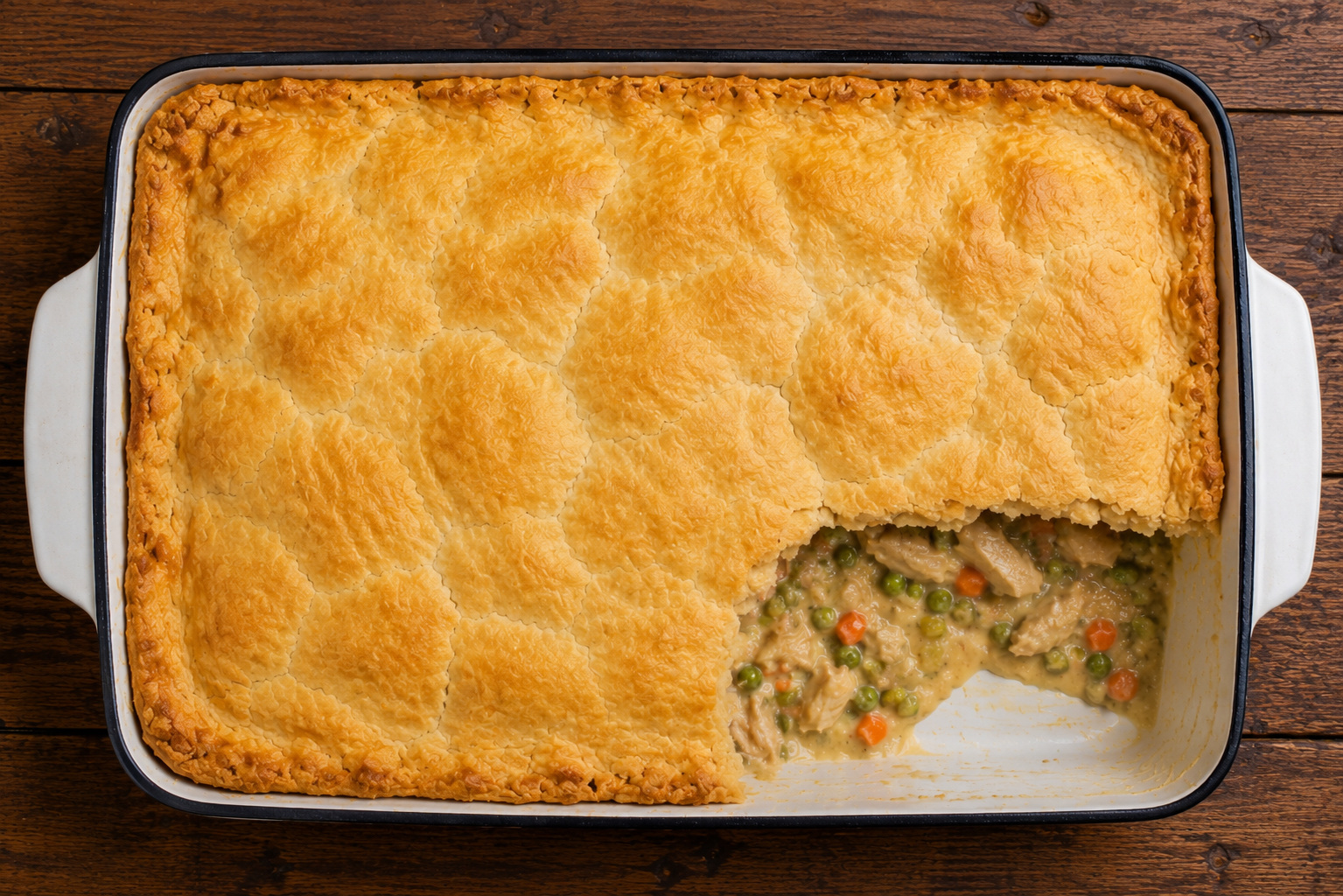 Chicken pot pie with a golden crust and a creamy chicken-and-vegetable filling
