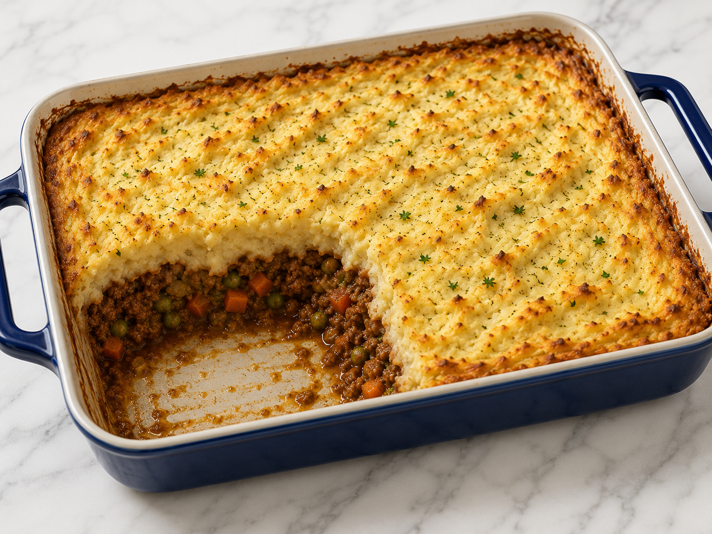 Shepherd's pie with a fork-ridged, browned mashed potato topping