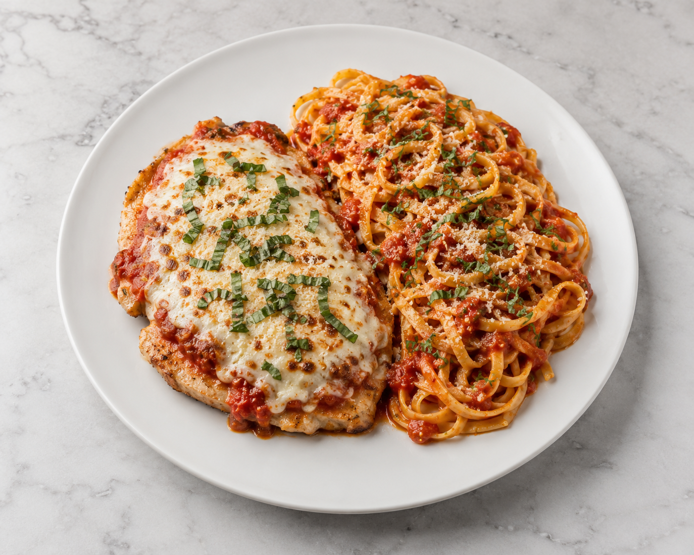 Chicken Parmesan topped with marinara, mozzarella, and basil