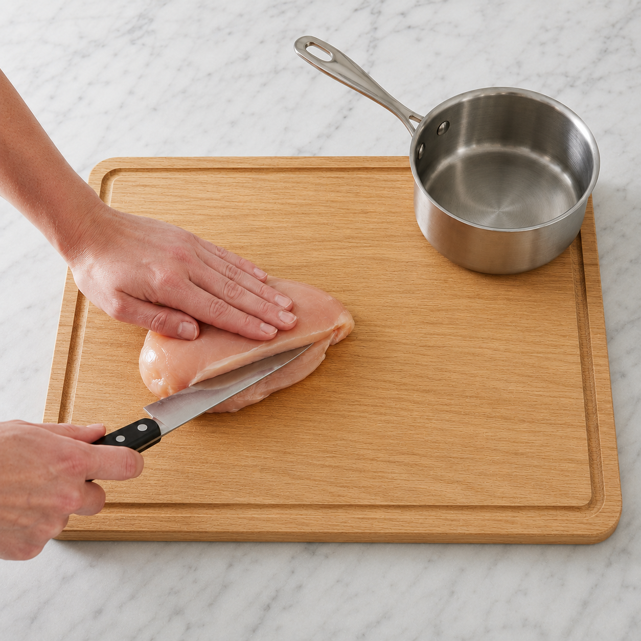 Slicing horizontally through the thickest part of the chicken breast to butterfly it