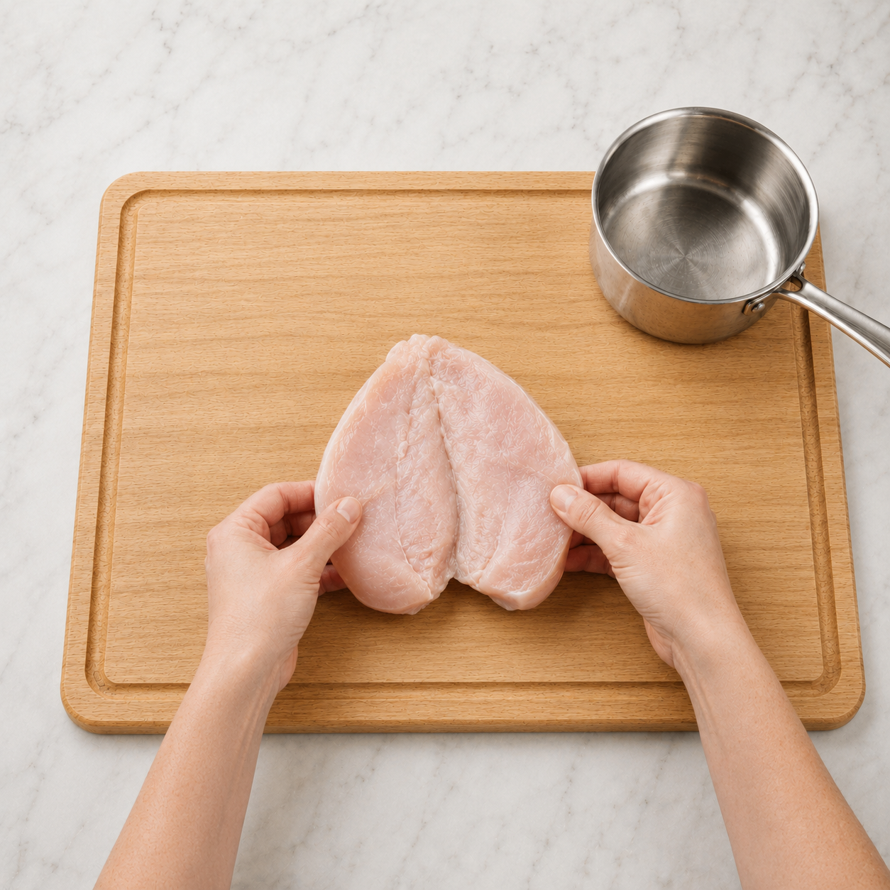 The butterflied chicken breast opened flat like a book