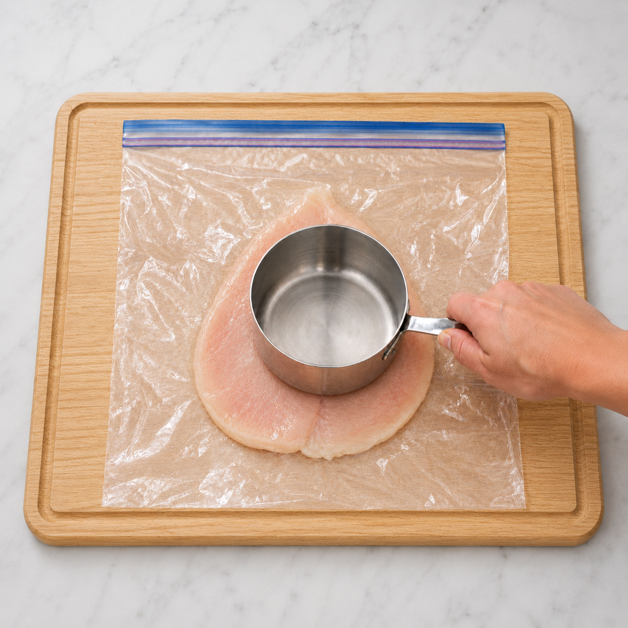 Pounding the chicken breast to an even thickness between two sheets of plastic wrap