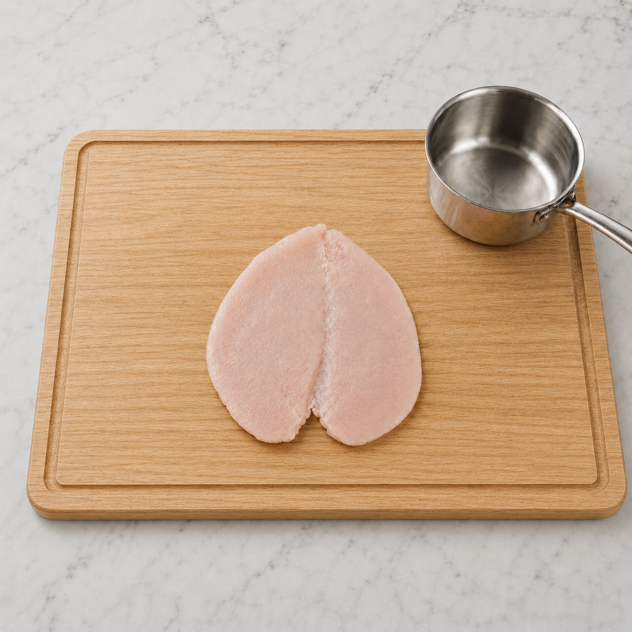 The finished chicken cutlet pounded to an even, thin thickness