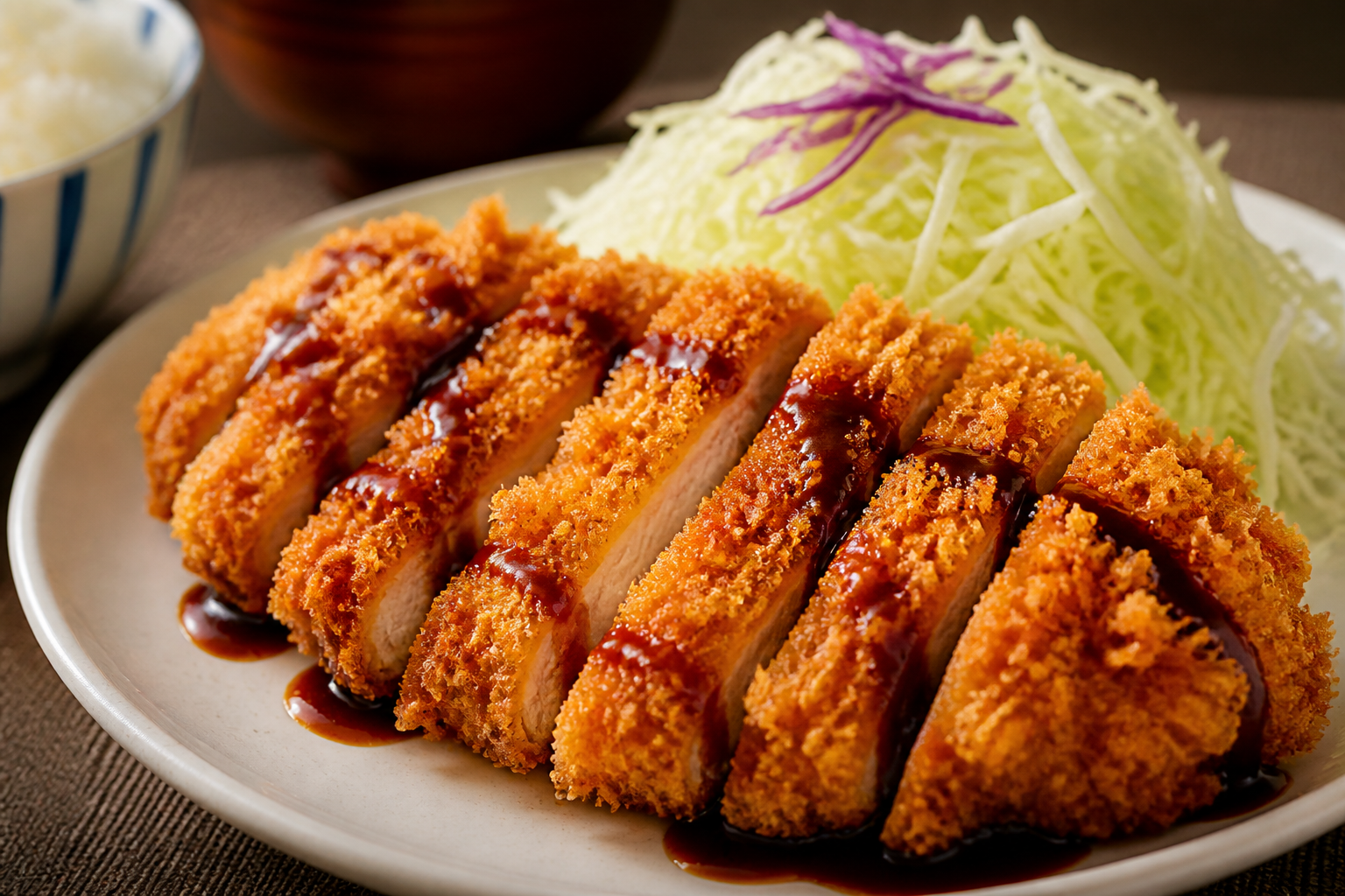 Sliced golden panko-crusted chicken katsu with cabbage