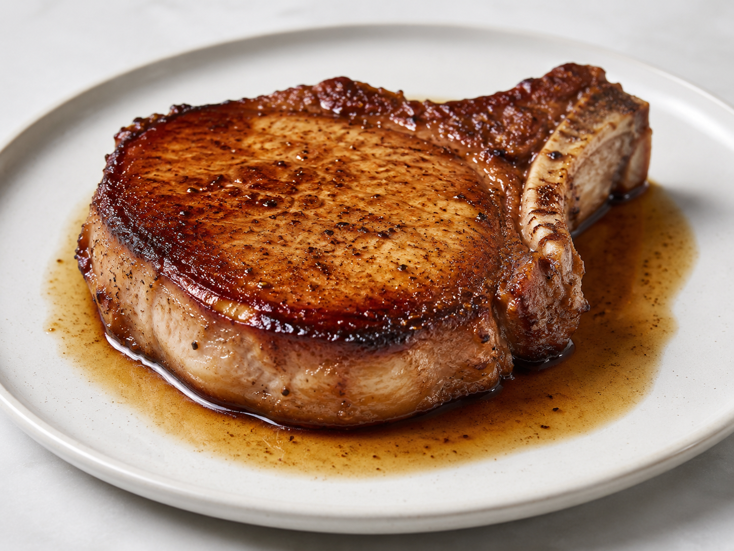 A seared, golden pan-seared pork chop with pan juices