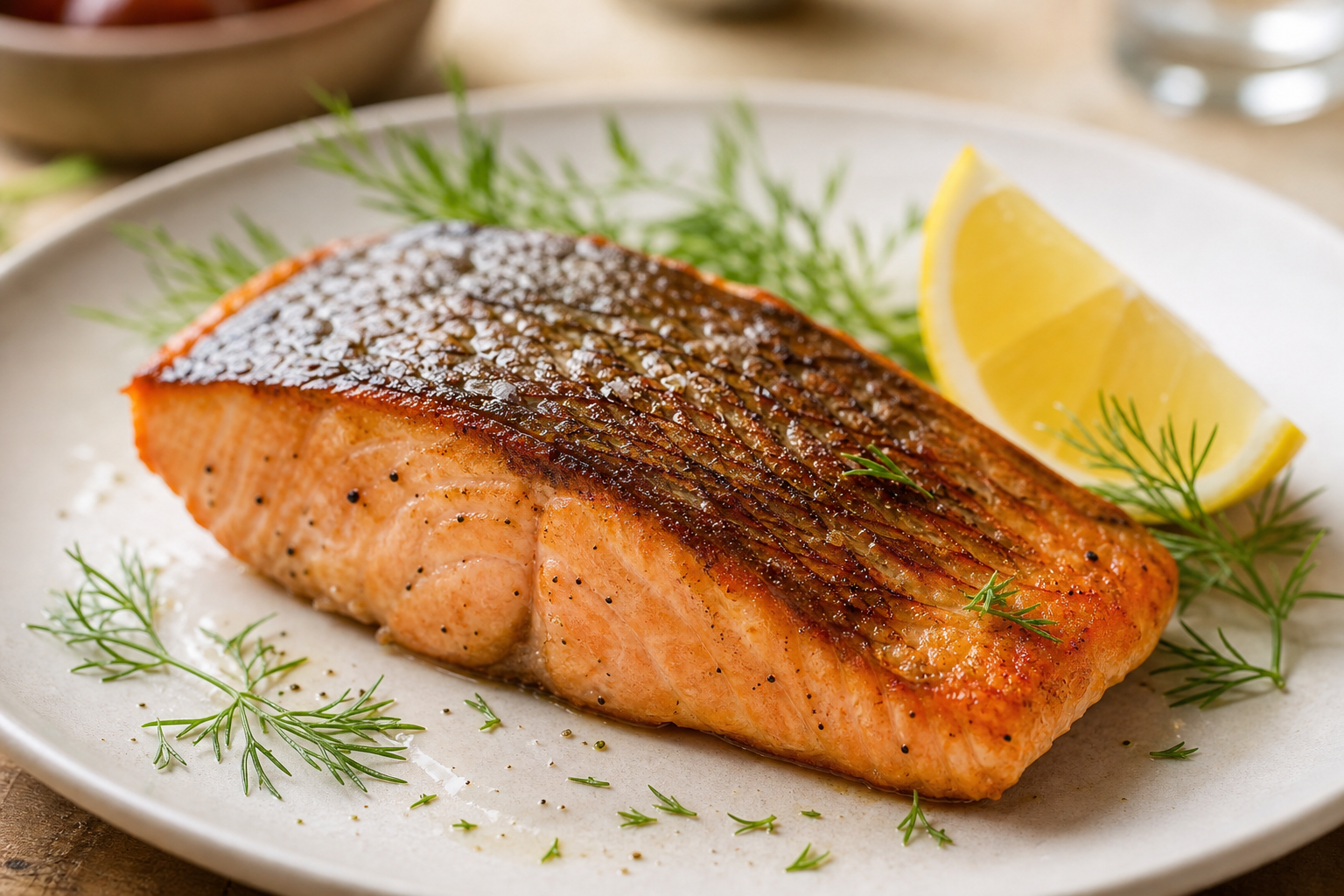 A pan-seared salmon fillet with crispy skin