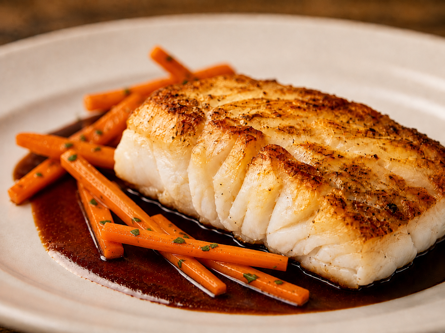 Pan-seared cod fillets served with a glossy port reduction sauce