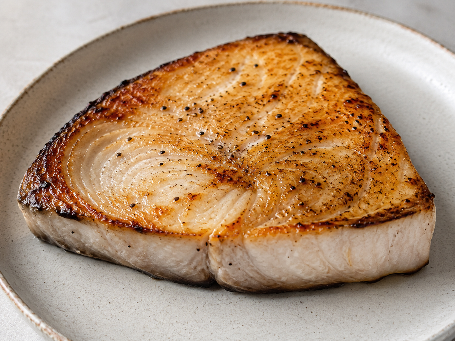 A pan-seared swordfish steak with a lemon wedge