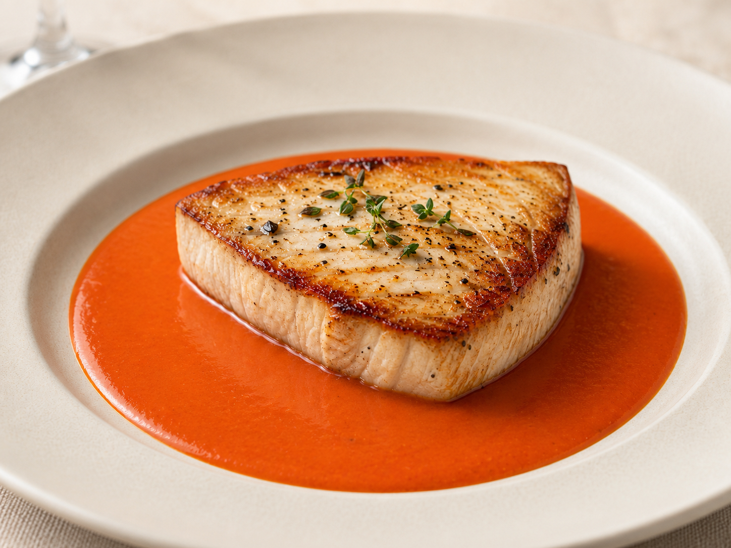 A pan-seared swordfish steak napped with a vivid roasted red pepper butter sauce