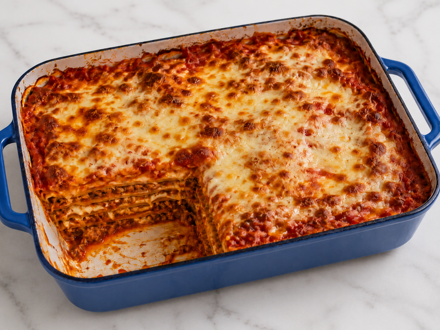 Baked lasagna, golden and bubbling in the dish