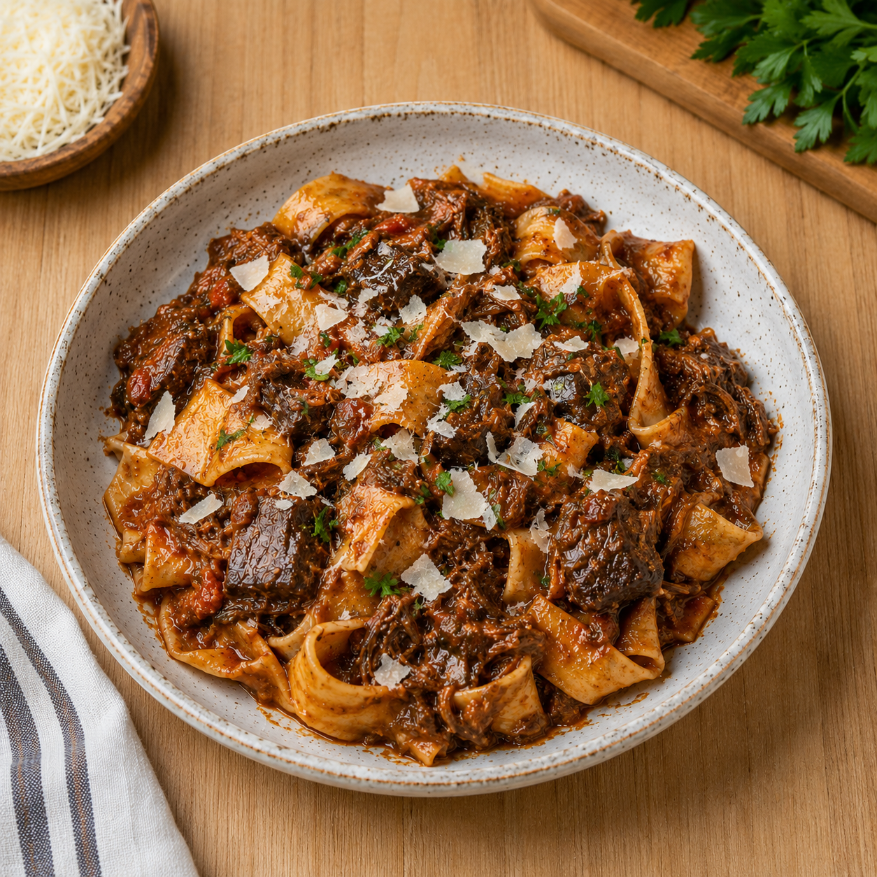 Shredded beef ragu spooned over pappardelle