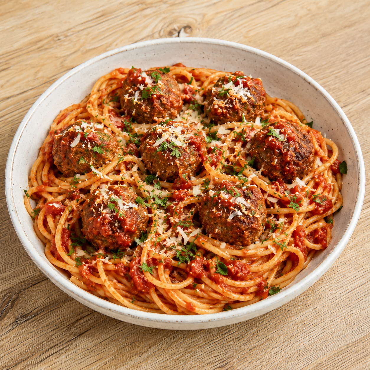 Spaghetti and meatballs in tomato sauce