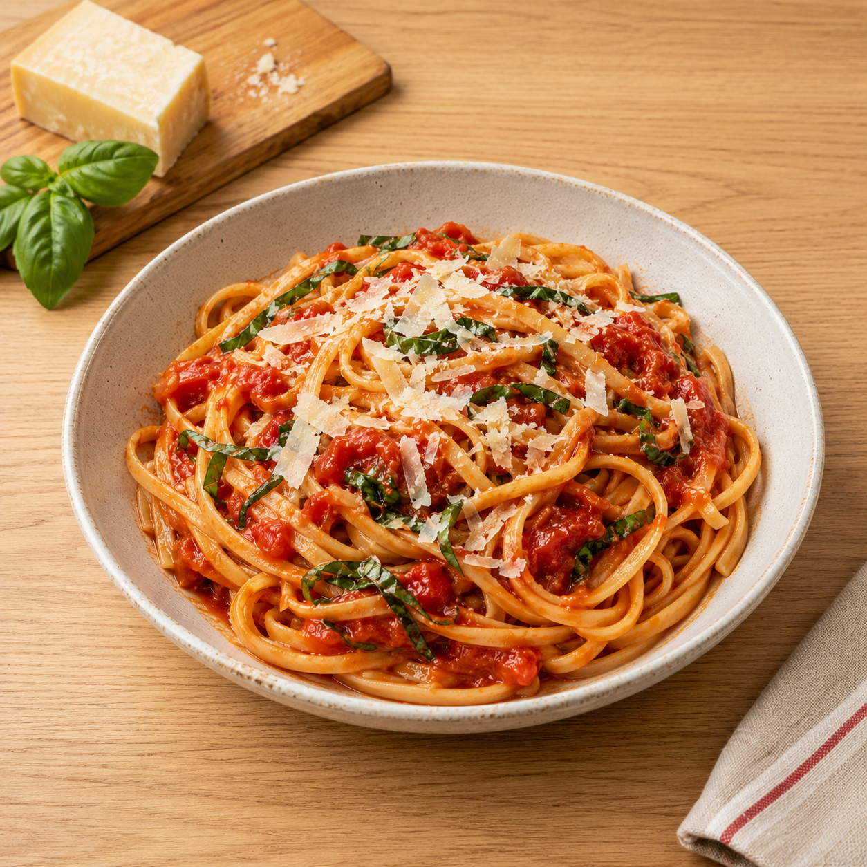 Tomato basil pasta finished with fresh basil