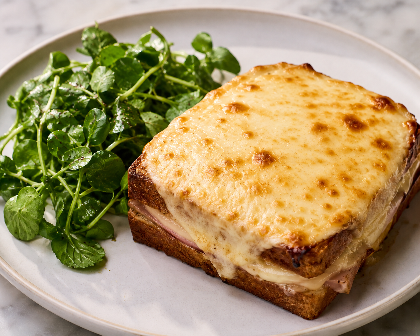 A finished Croque Monsieur with golden, bubbling cheese on top