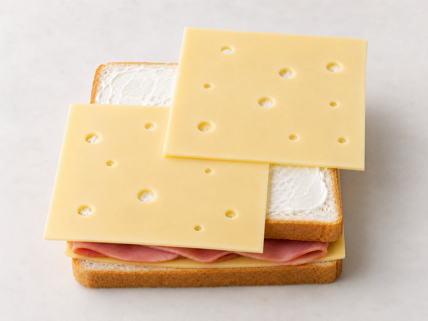 Assembled sandwiches topped with overhanging Swiss cheese, ready for the oven