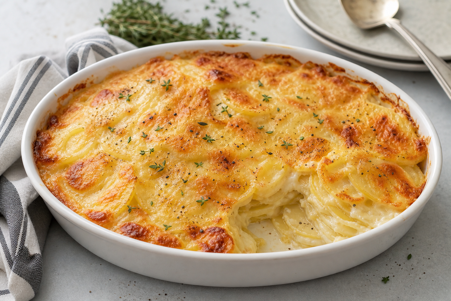 Layered potatoes au gratin with a golden cheese crust