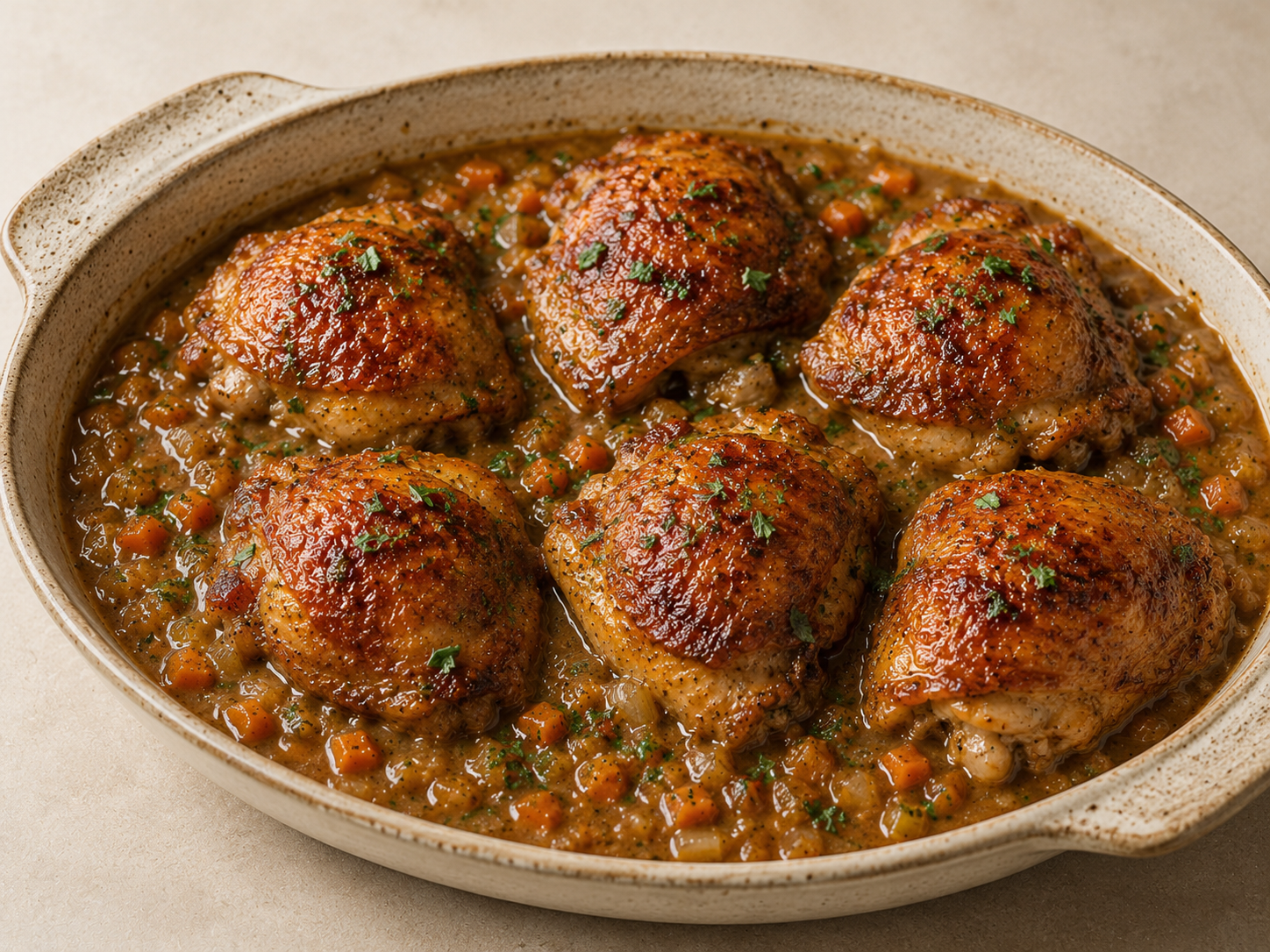 Roasted chicken thighs with crisp, golden skin
