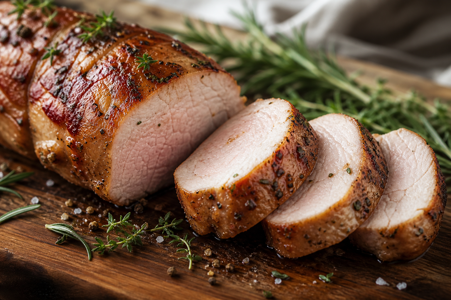 Sliced roasted pork tenderloin, juicy inside