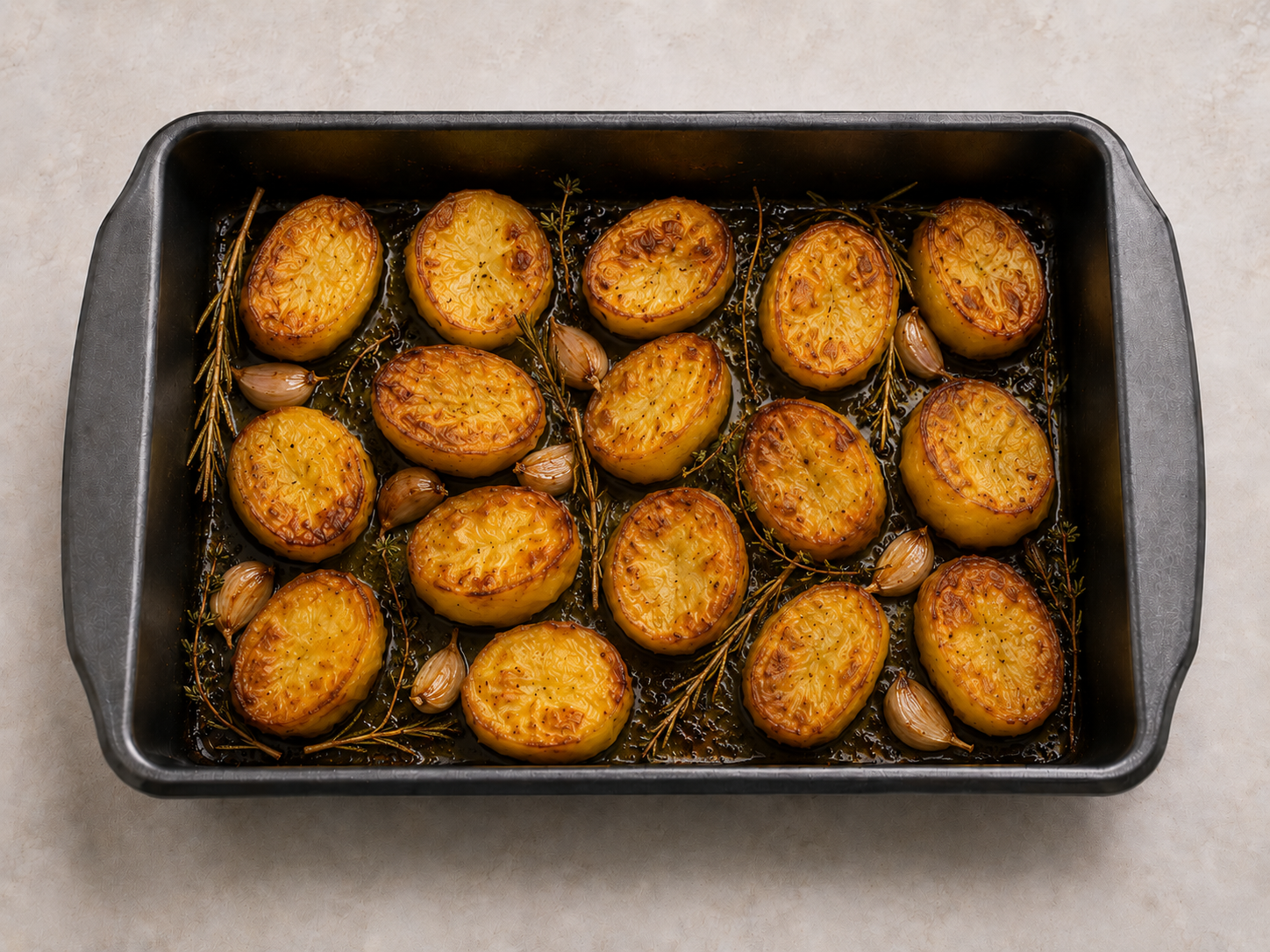 Finished roasted potatoes, deeply golden and crisp