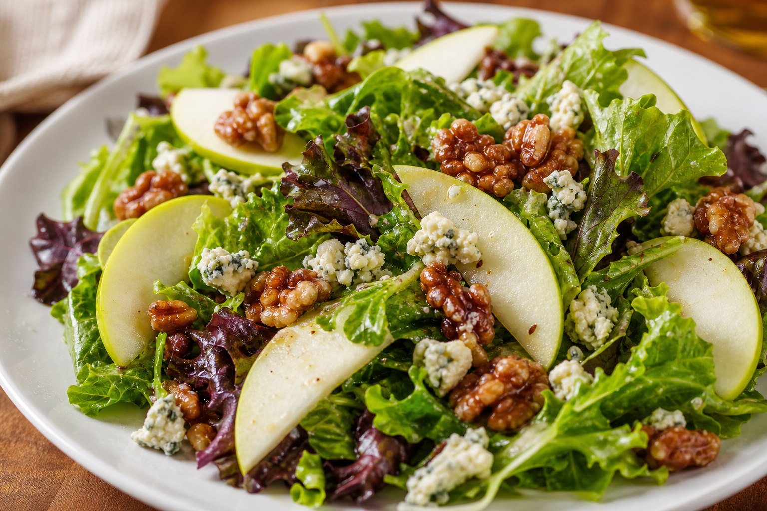 A salad of greens, apple slices, blue cheese, and walnuts