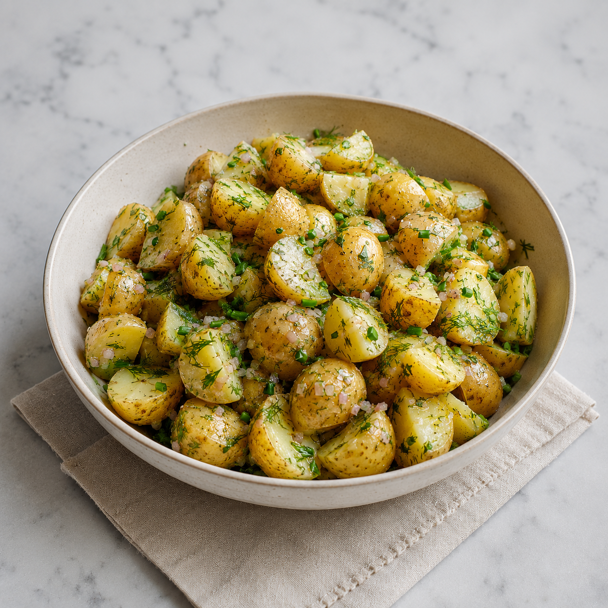 Warm potato salad tossed with fresh dill, chives, and crispy shallots