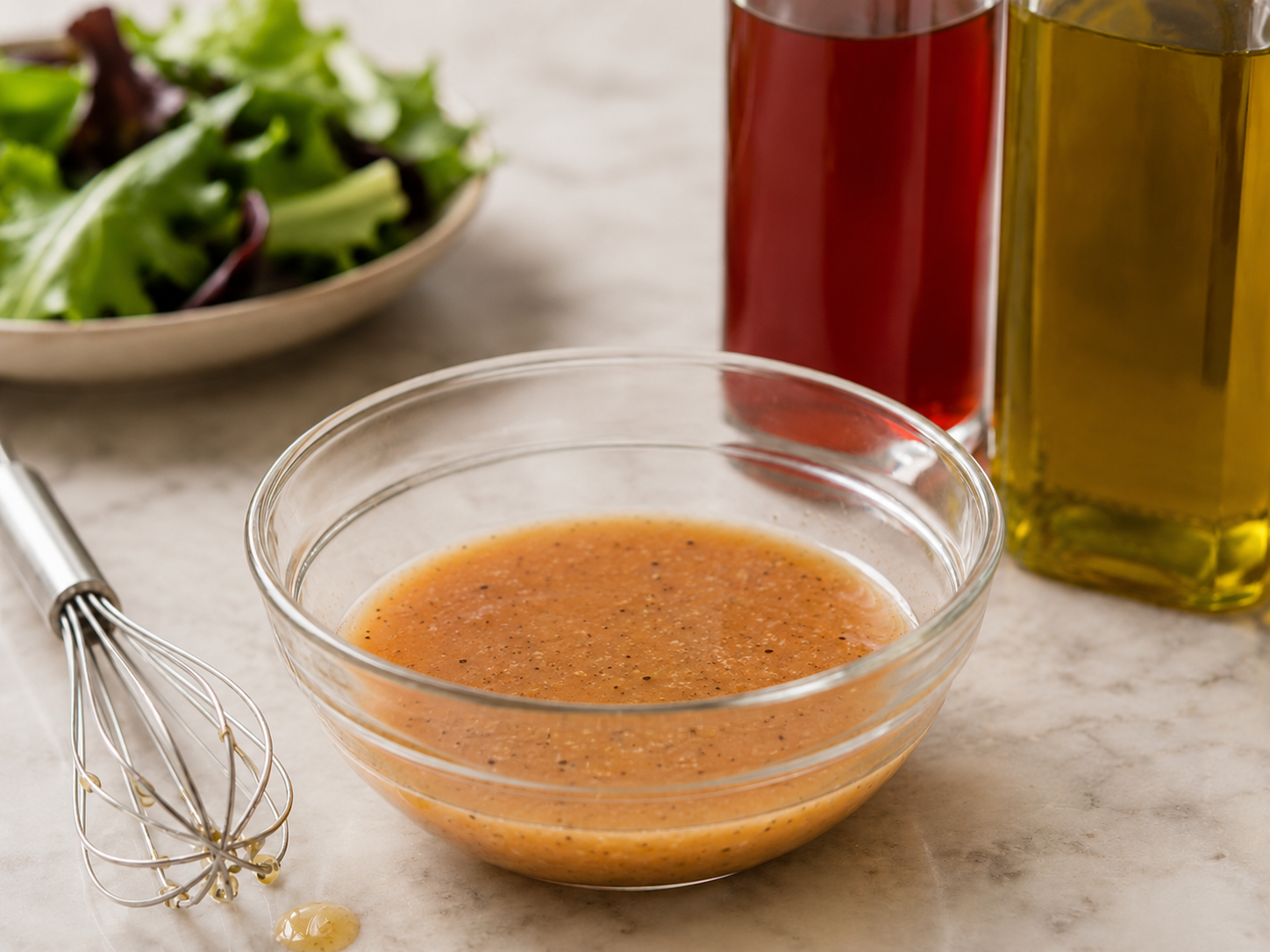 A jar of emulsified vinaigrette with a whisk