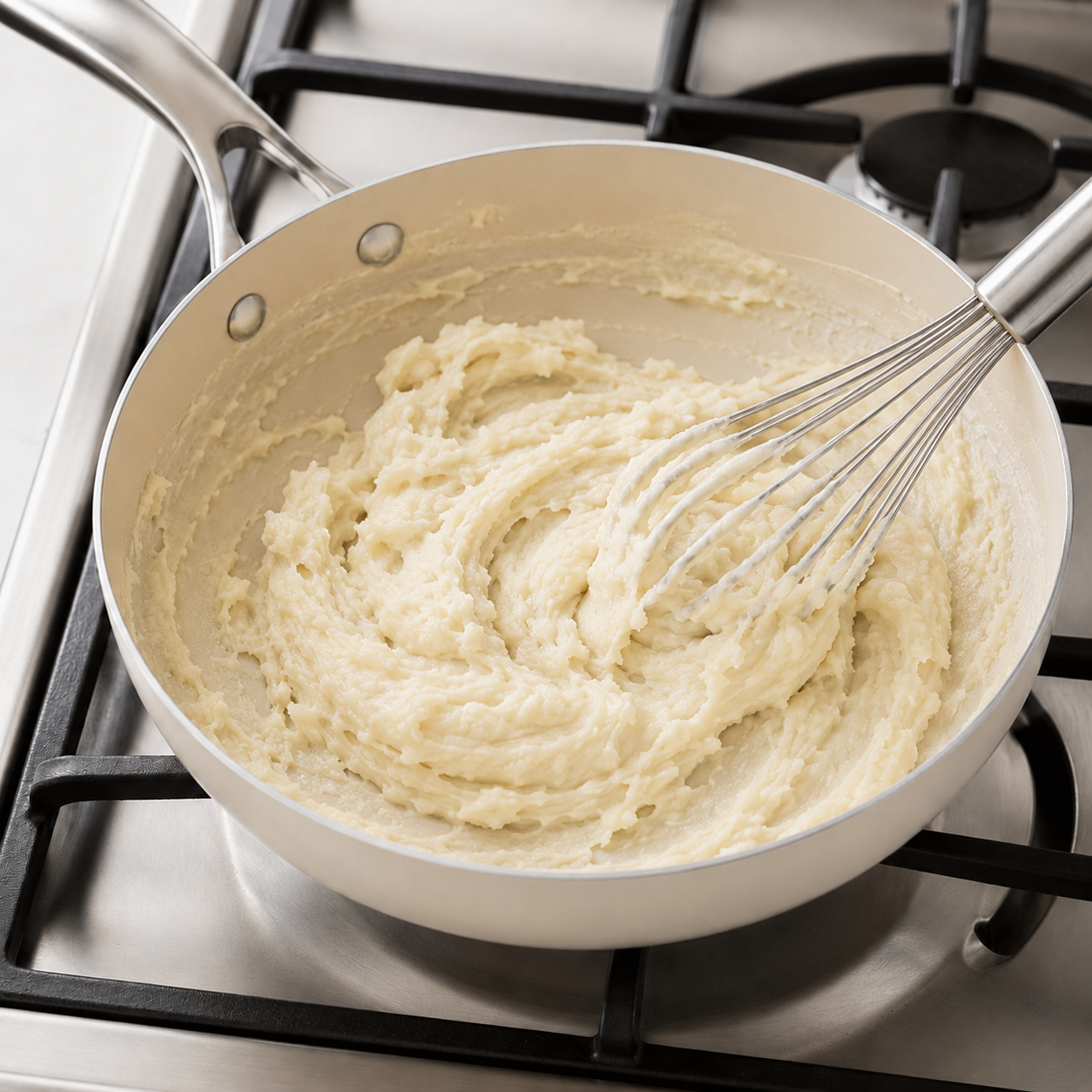 Whisking flour into melted butter to build a roux