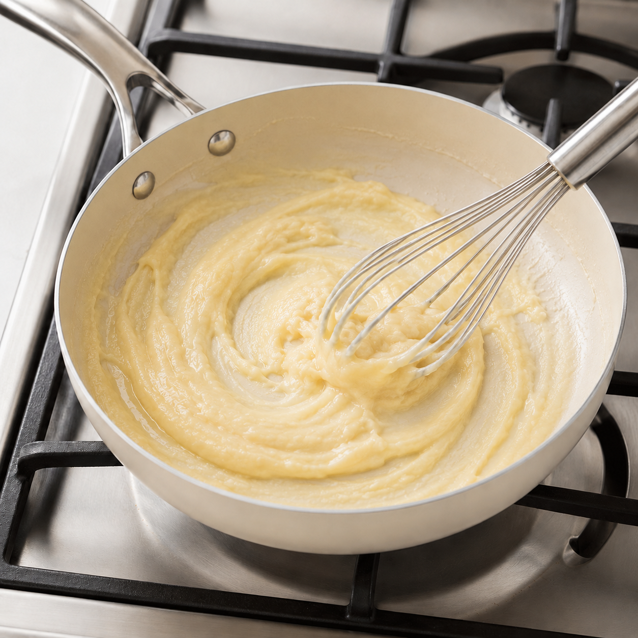 Whisking warm milk into the roux until smooth