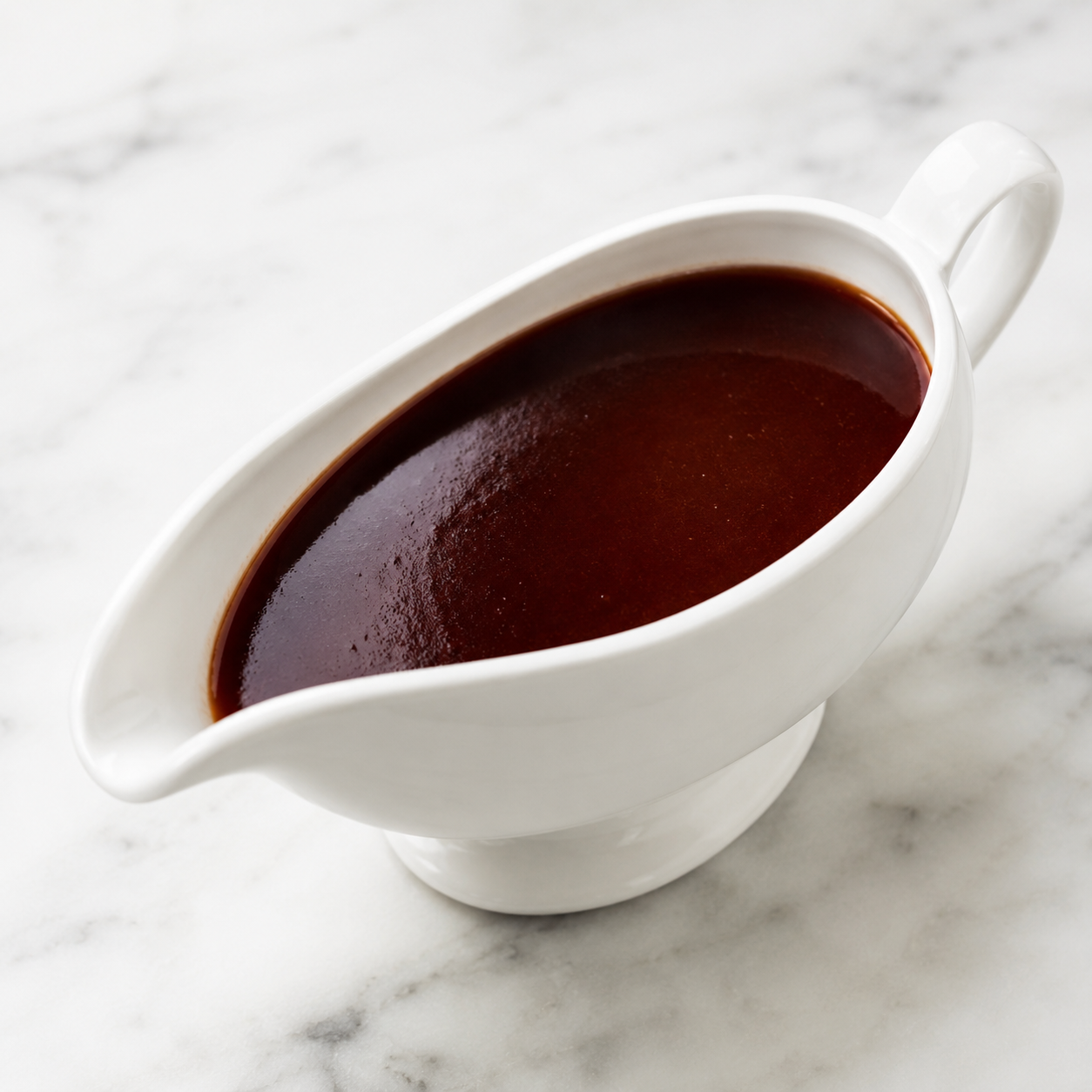 A dark, glossy red wine sauce bordelaise in a pan