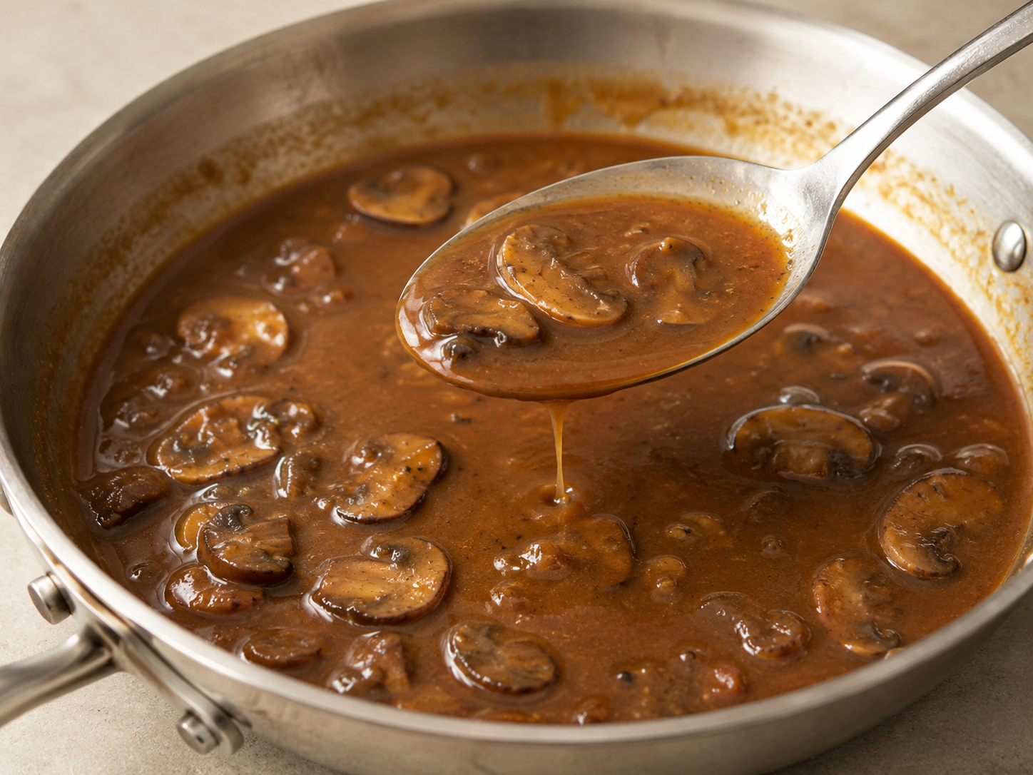 A glossy Marsala and mushroom sauce in a skillet
