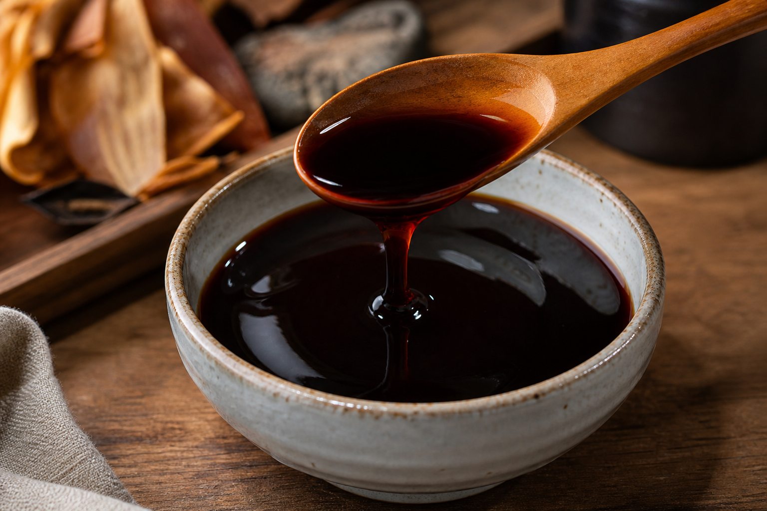 A dark, glossy Japanese tare sauce in a bowl