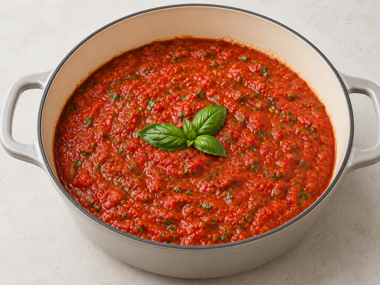 A bright tomato basil sauce with fresh basil