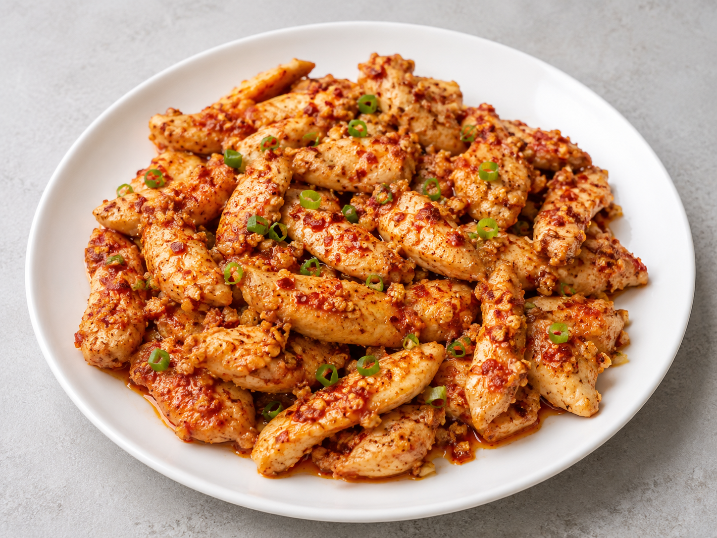 Chili garlic chicken tossed in a glossy red sauce