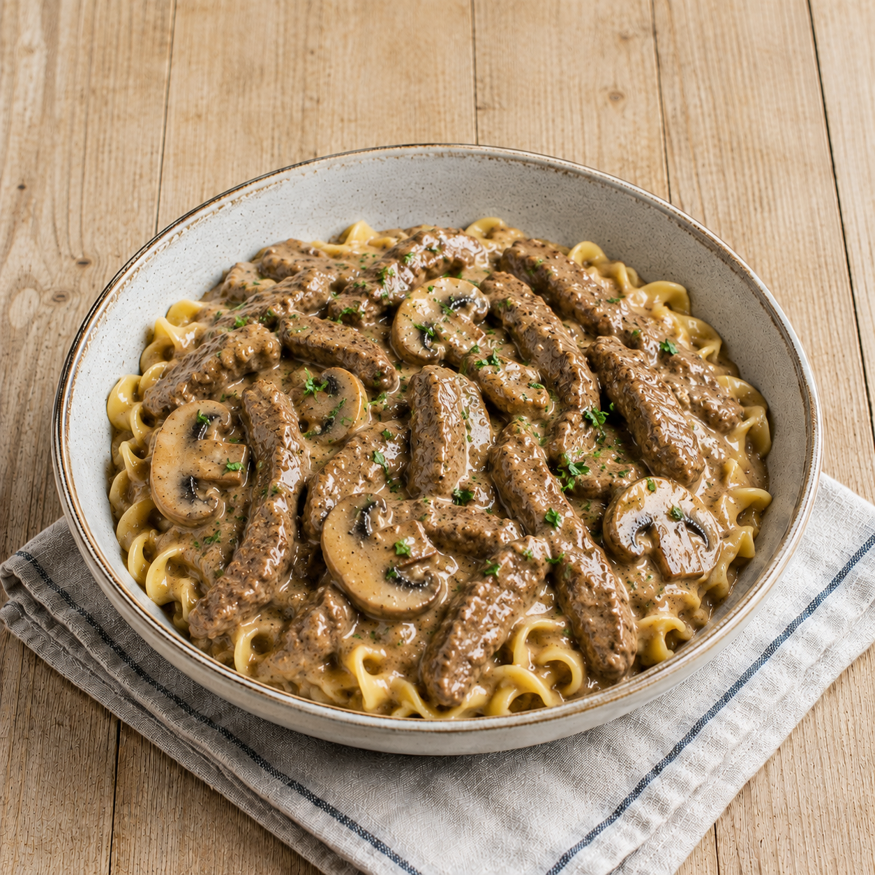 Beef stroganoff with mushrooms in a creamy sauce over egg noodles