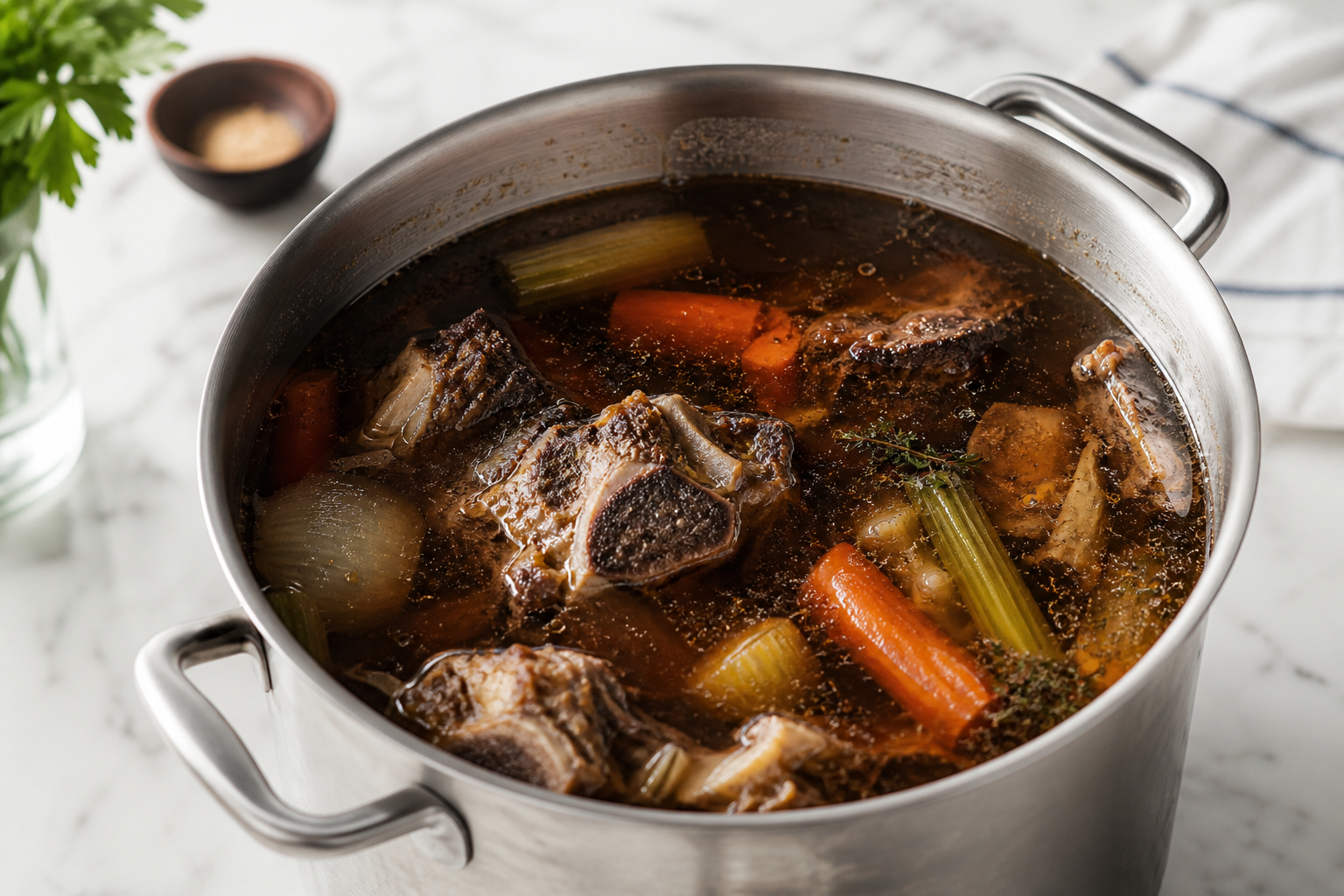 A deep, rich beef stock simmering with roasted bones