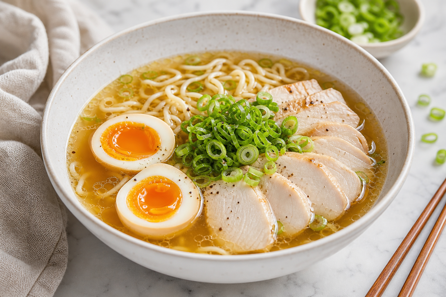 A bowl of chicken ramen with noodles and soft egg