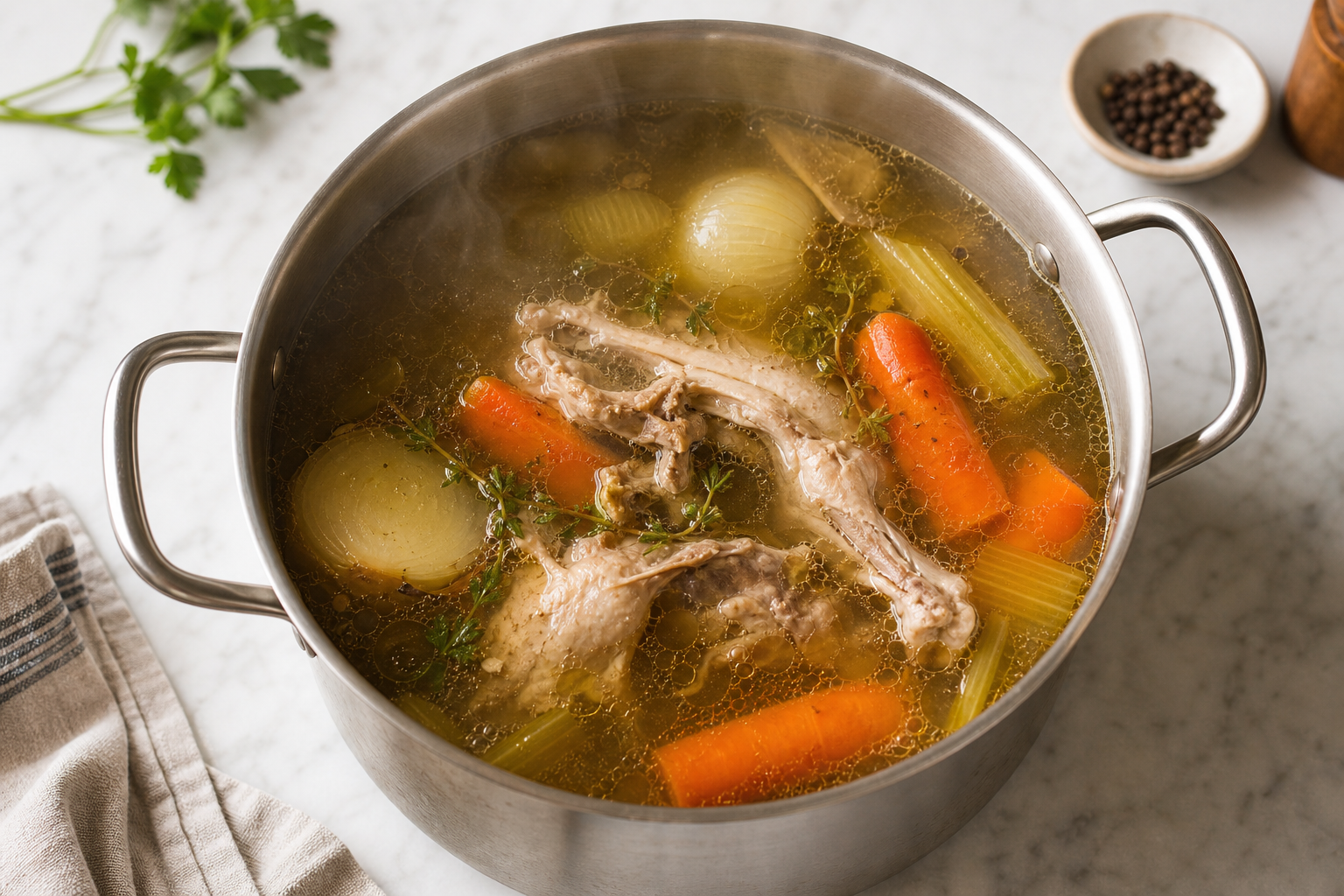 A pot of golden homemade chicken stock with aromatics
