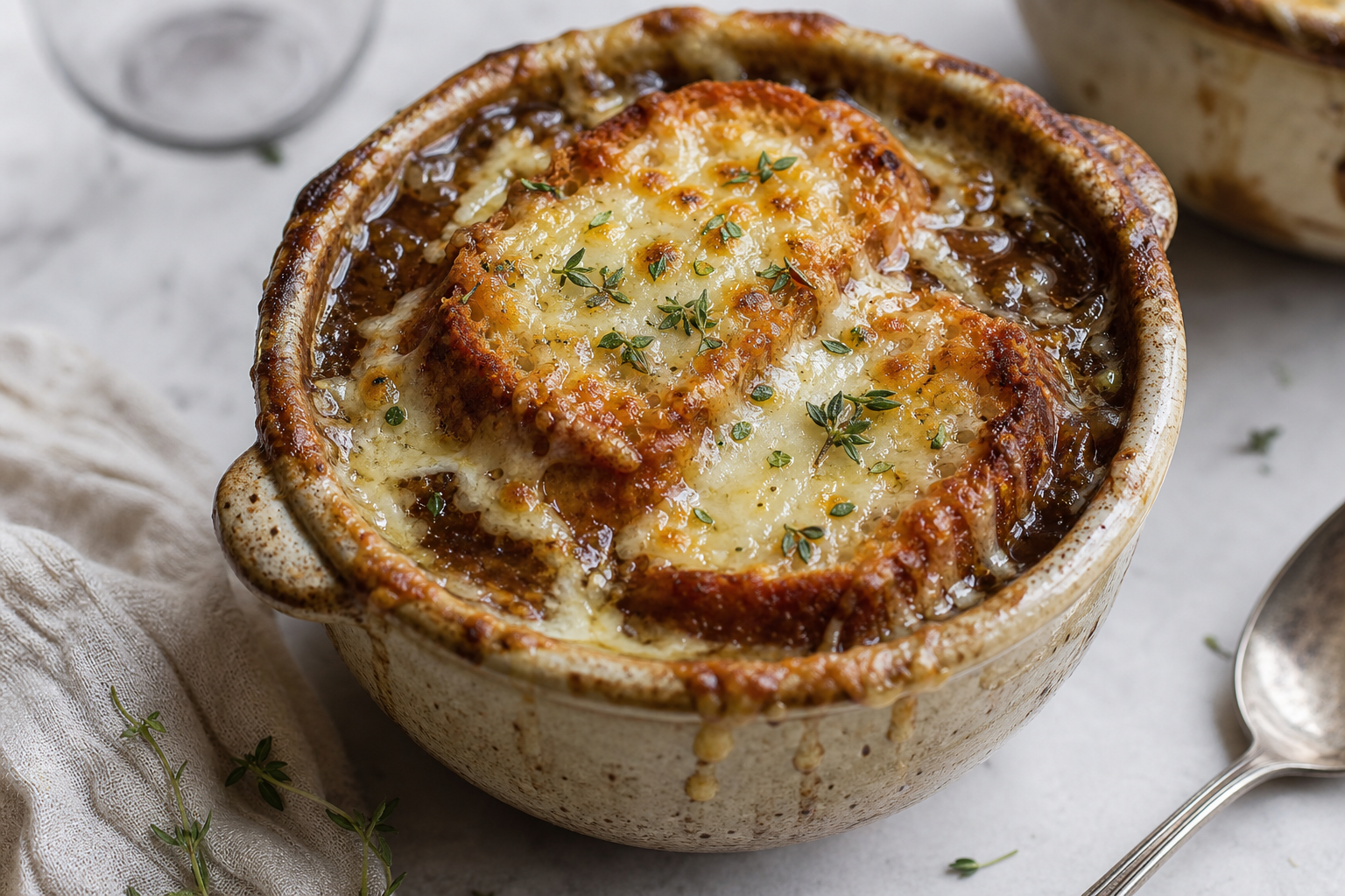 French onion soup topped with melted, bubbling cheese over a crouton