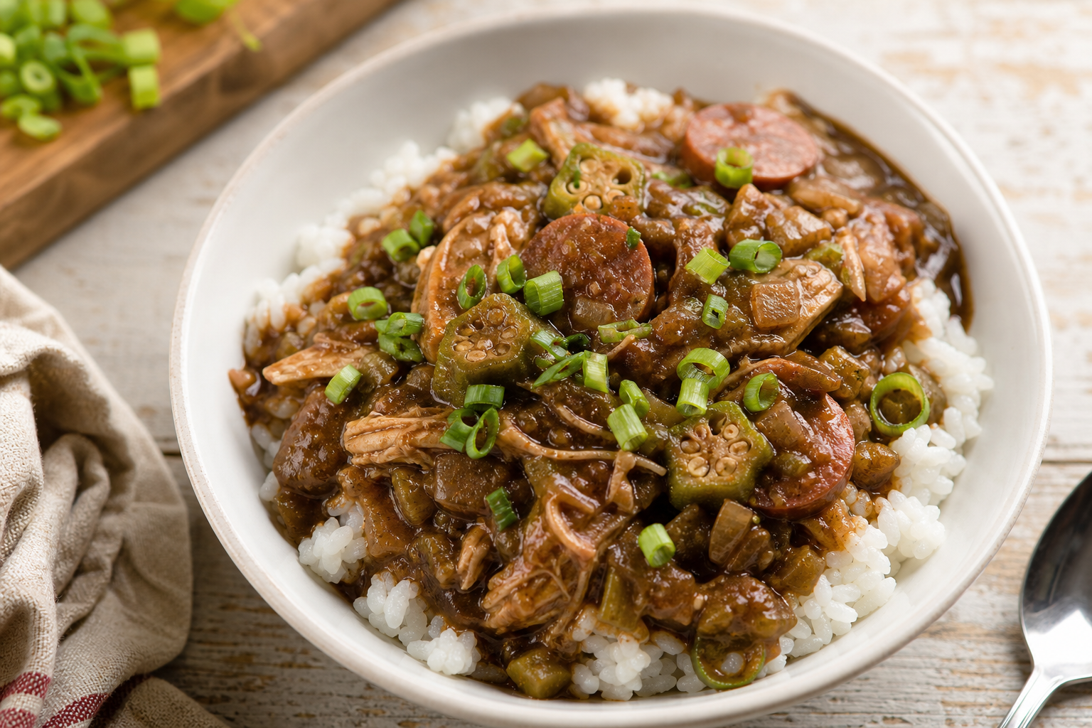 A dark, rich gumbo served over rice