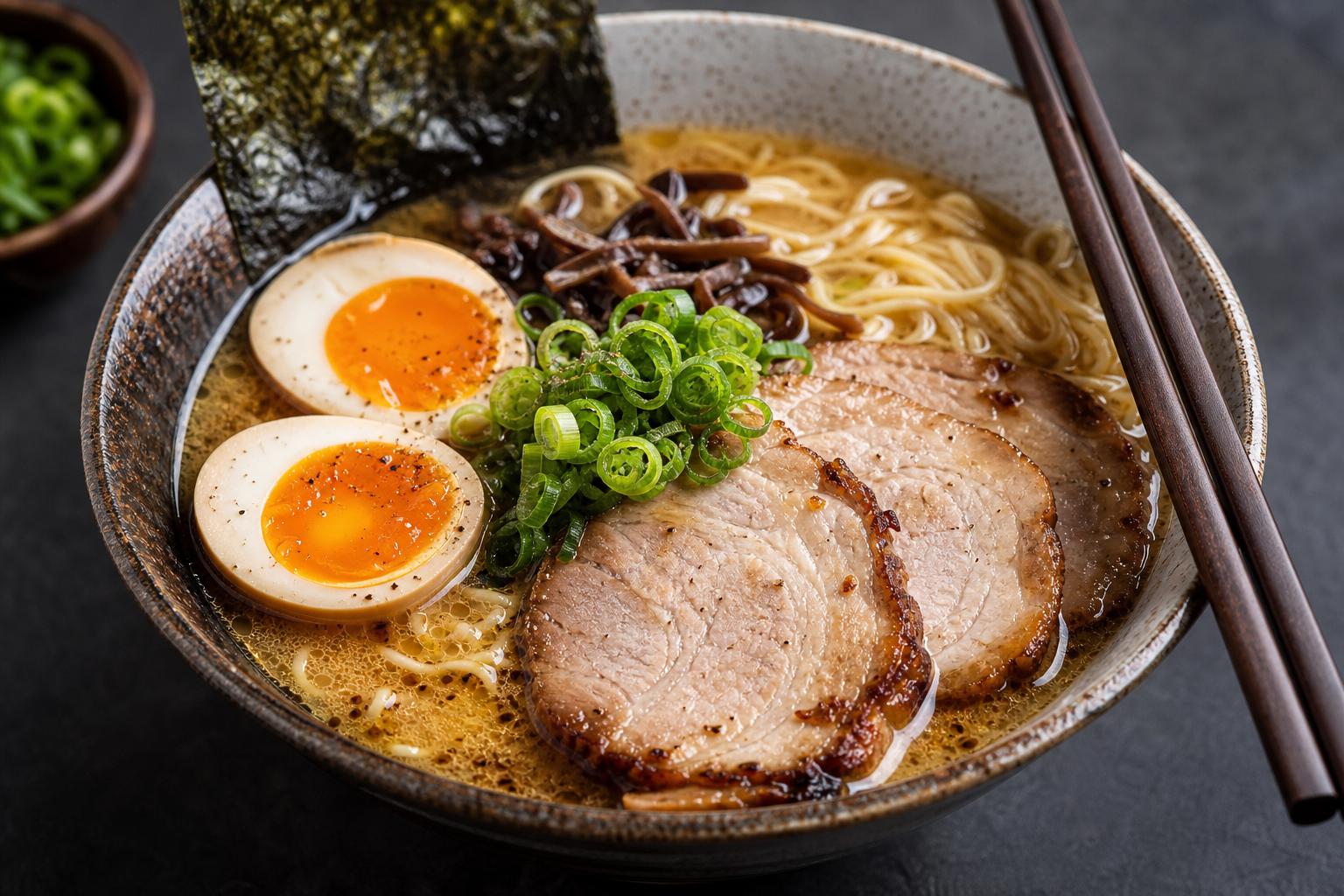 A bowl of pork ramen with noodles, broth, and toppings
