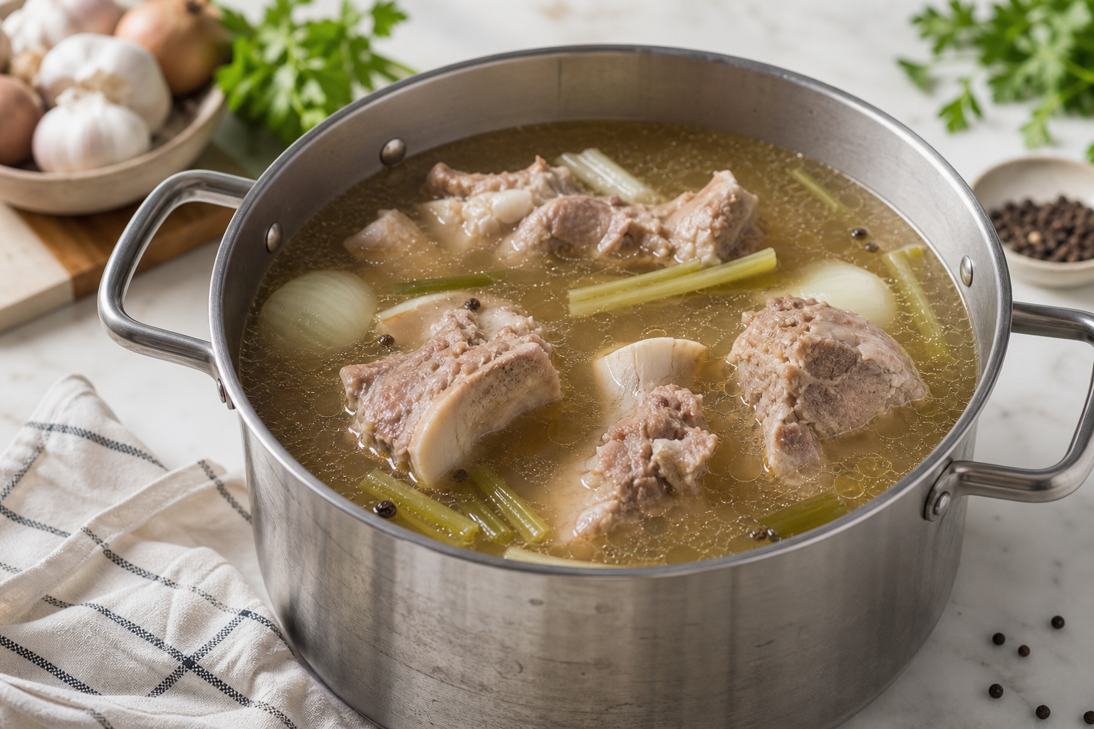 A clear, gently simmering pork stock with aromatics