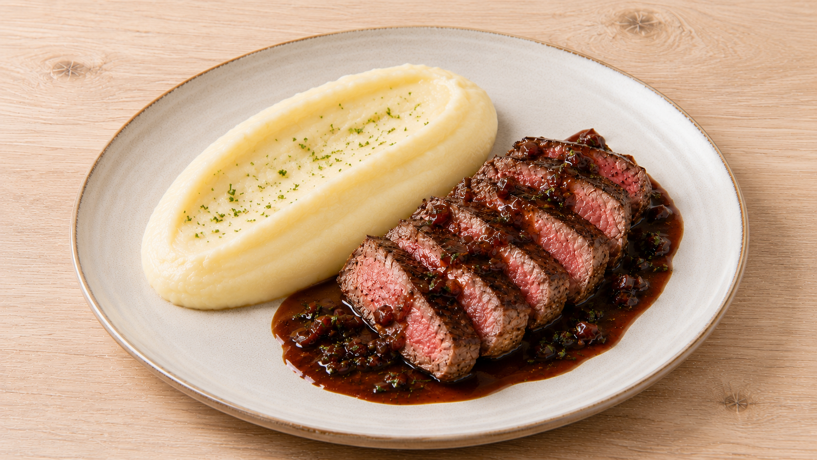 Pan-seared steak napped with a dark red wine sauce bordelaise