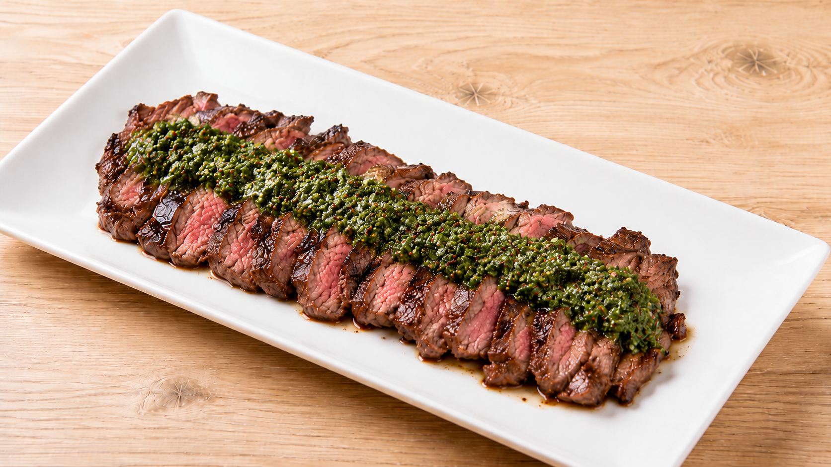 Sliced steak topped with fresh green chimichurri