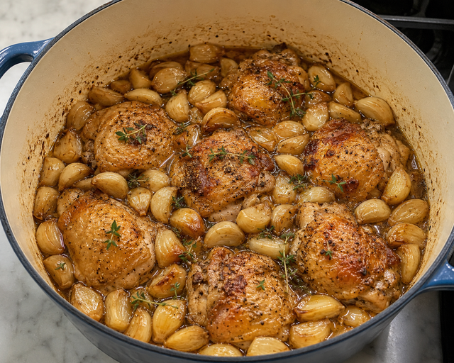 Braised chicken thighs surrounded by dozens of soft, golden garlic cloves