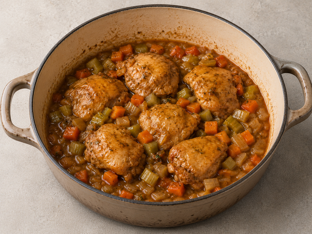 Braised chicken in a glossy pan sauce