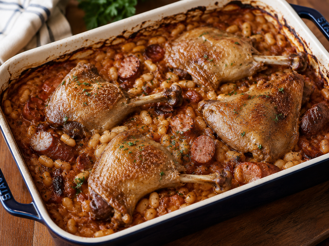 A rustic cassoulet with sausage and beans