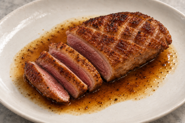 Sliced pan-seared duck breast with crisp skin, served with a glossy plum sauce