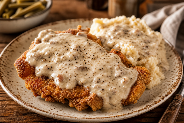 A Southern fried pork chop smothered in white pepper gravy